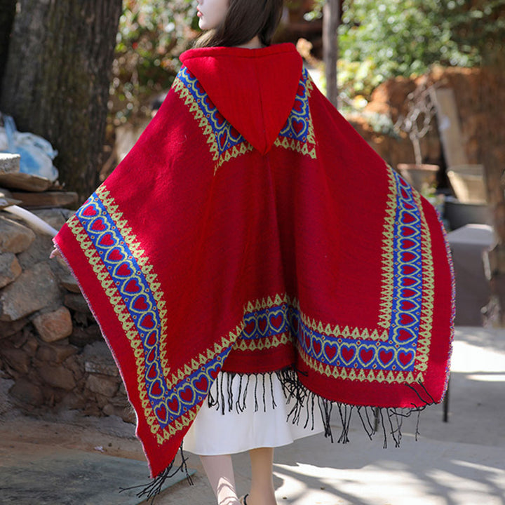 Buddha Stonesチベットショール レッドラブハートタッセルフード付きマント 冬用 快適 旅行用スカーフ ラップ - image 4