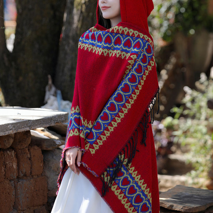 Buddha Stonesチベットショール レッドラブハートタッセルフード付きマント 冬用 快適 旅行用スカーフ ラップ - image 12