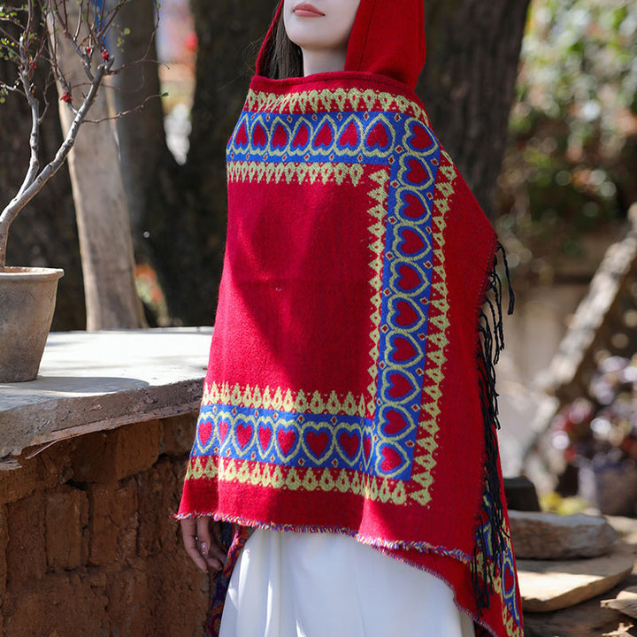 Buddha Stonesチベットショール レッドラブハートタッセルフード付きマント 冬用 快適 旅行用スカーフ ラップ - image 8