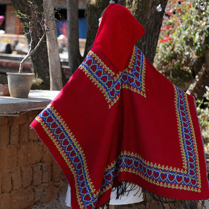 Buddha Stonesチベットショール レッドラブハートタッセルフード付きマント 冬用 快適 旅行用スカーフ ラップ - image 6