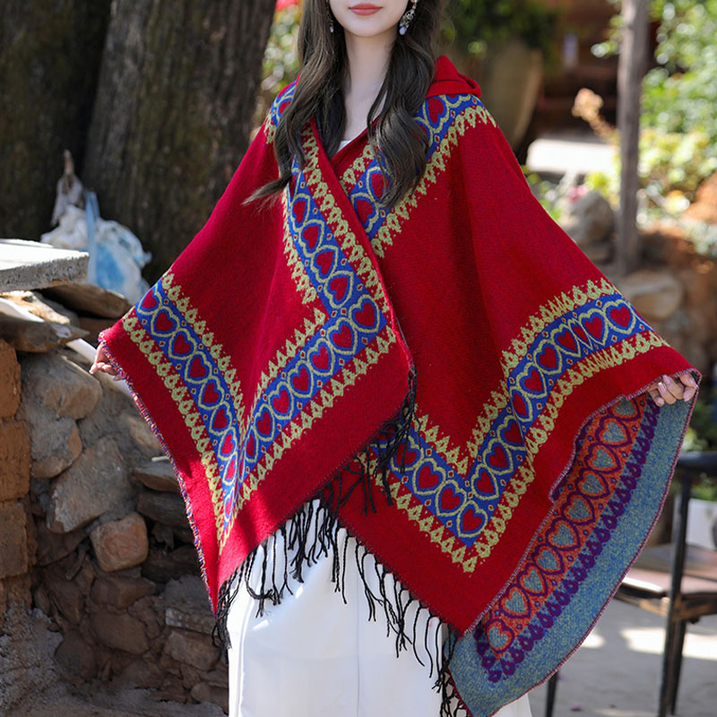 Buddha Stonesチベットショール レッドラブハートタッセルフード付きマント 冬用 快適 旅行用スカーフ ラップ - image 9