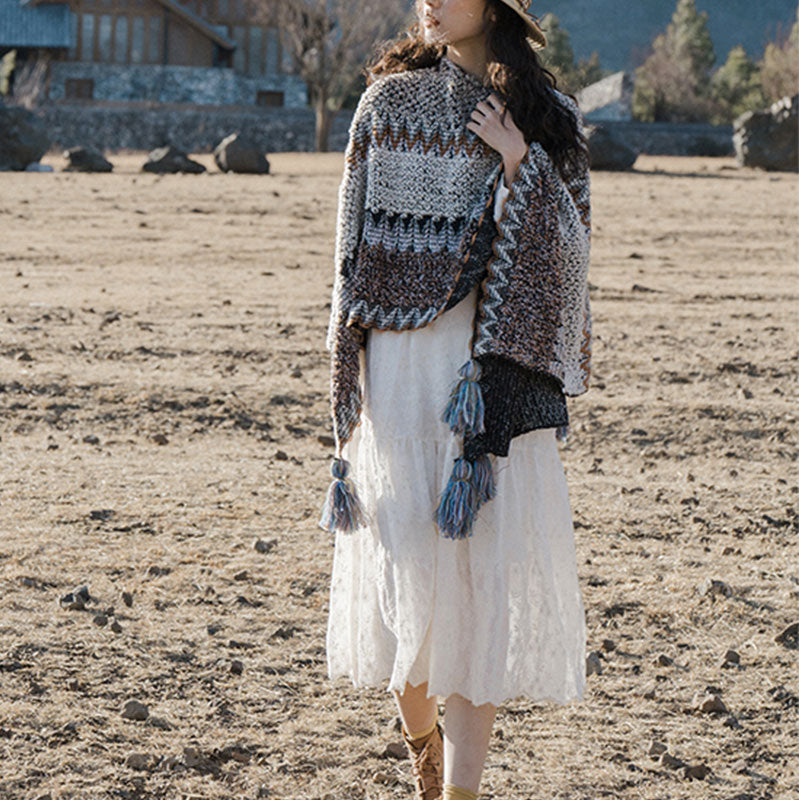 Buddha Stonesチベットショール グレーブラウンストライプ ニットタッセル 冬用 心地よい旅行用スカーフ ラップ - image 8