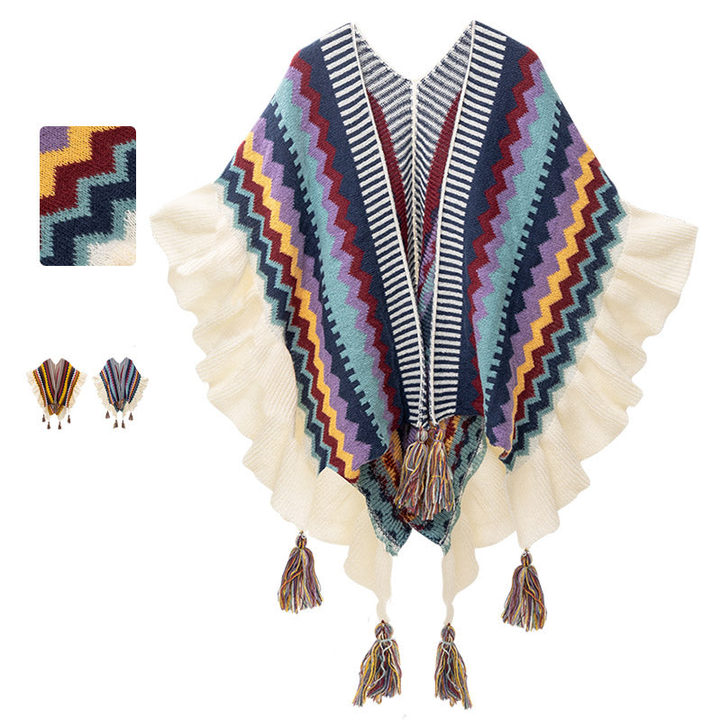 Buddha Stonesチベットショール カラフルなストライプの波線タッセル 冬用 心地よい旅行用スカーフ ラップ - image 0