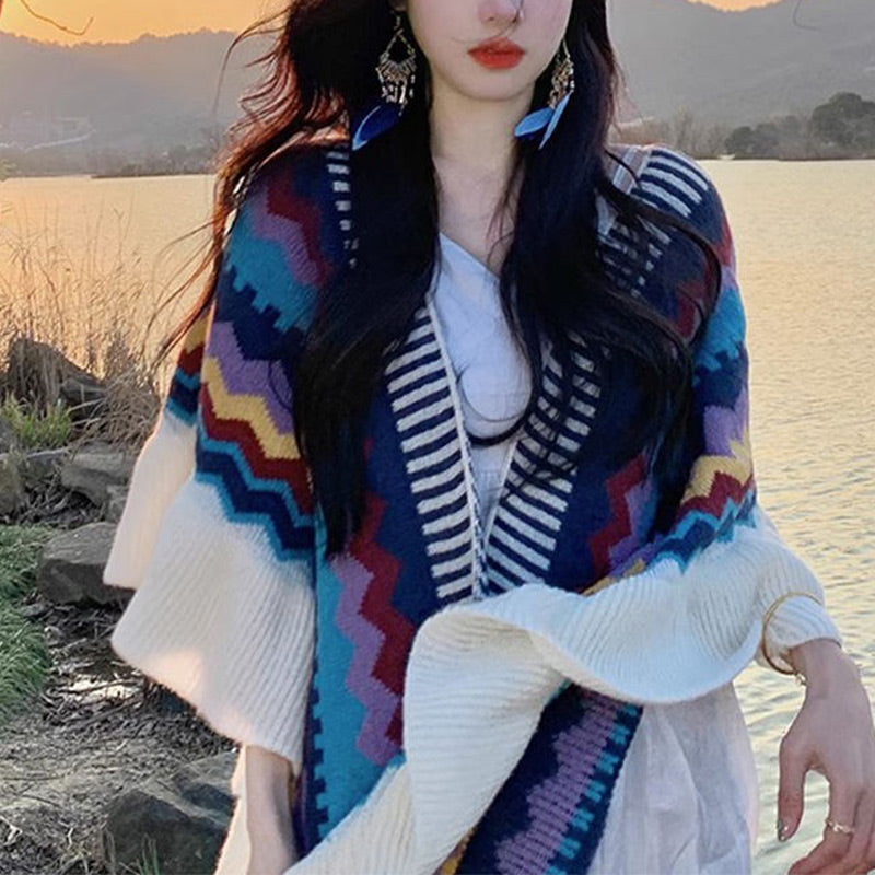 Buddha Stonesチベットショール カラフルなストライプの波線タッセル 冬用 心地よい旅行用スカーフ ラップ - image 3