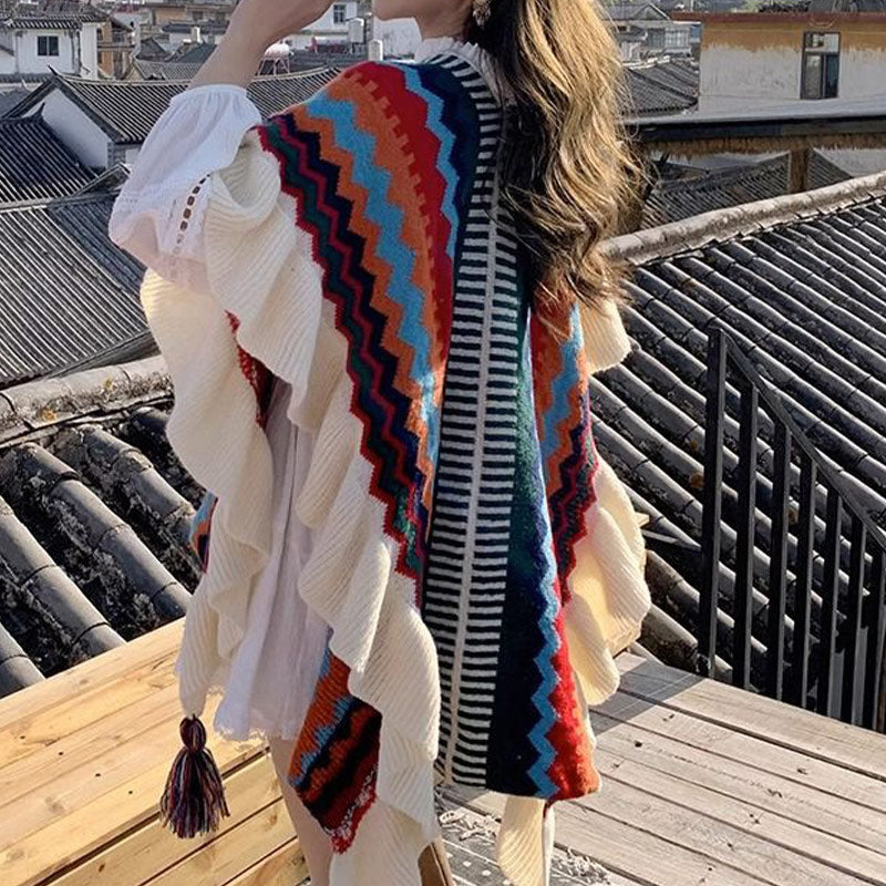 Buddha Stonesチベットショール カラフルなストライプの波線タッセル 冬用 心地よい旅行用スカーフ ラップ - image 22