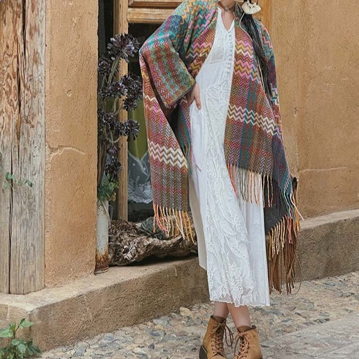 Buddha Stonesチベットショール カラフルな波型ストライプ タッセル 冬用 心地よい旅行用スカーフ ラップ - image 18