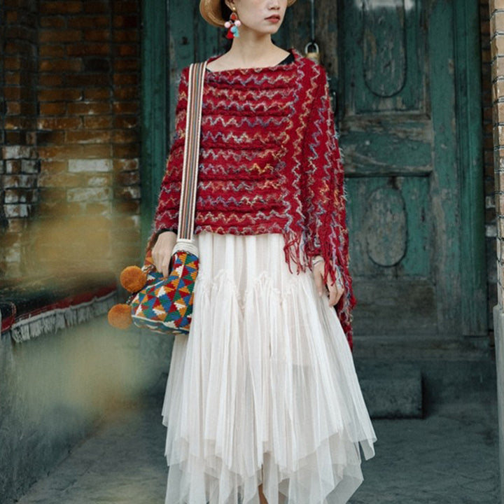 Buddha Stonesチベット カラフル ストライプ ショール タッセル プルオーバー 冬 快適 旅行用 スカーフ ラップ - レッド 85×75cm - image 0