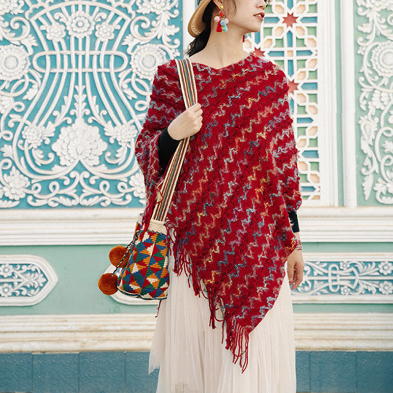 Buddha Stonesチベット カラフル ストライプ ショール タッセル プルオーバー 冬 快適 旅行用 スカーフ ラップ - image 3