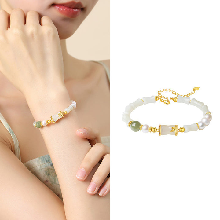 Buddha Stones925 スターリングシルバー 天然和田白翡翠 竹製 幸運の祝福ブレスレット