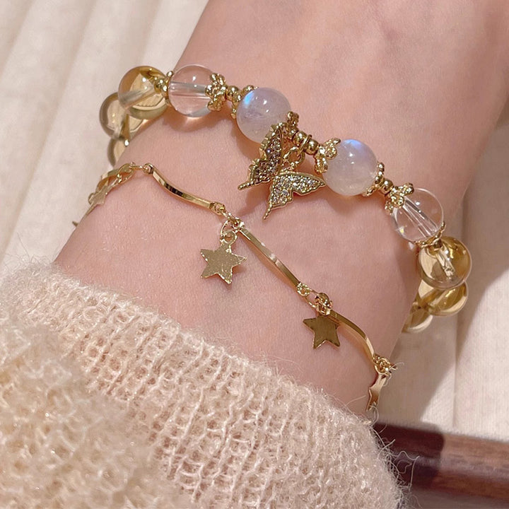 Buddha Stonesシトリン ムーンストーン バタフライチャーム 繁栄の守護ブレスレット