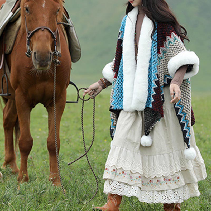 Buddha Stonesチベットのマルチカラーの波線ニットストライプショールコート冬用快適トラベルスカーフラップ - image 15