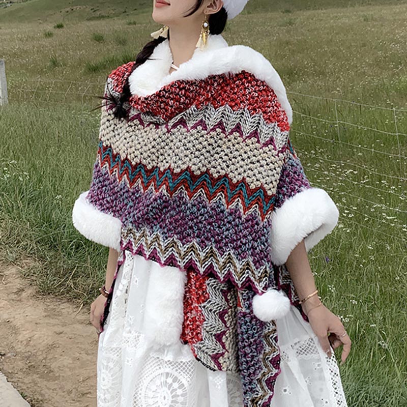 Buddha Stonesチベットのマルチカラーの波線ニットストライプショールコート冬用快適トラベルスカーフラップ - image 29