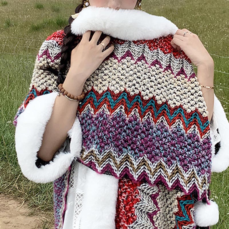 Buddha Stonesチベットのマルチカラーの波線ニットストライプショールコート冬用快適トラベルスカーフラップ - image 30