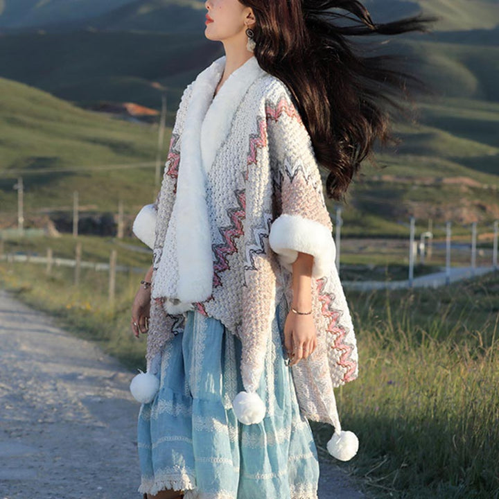 Buddha Stonesチベットのマルチカラーの波線ニットストライプショールコート冬用快適トラベルスカーフラップ - image 26