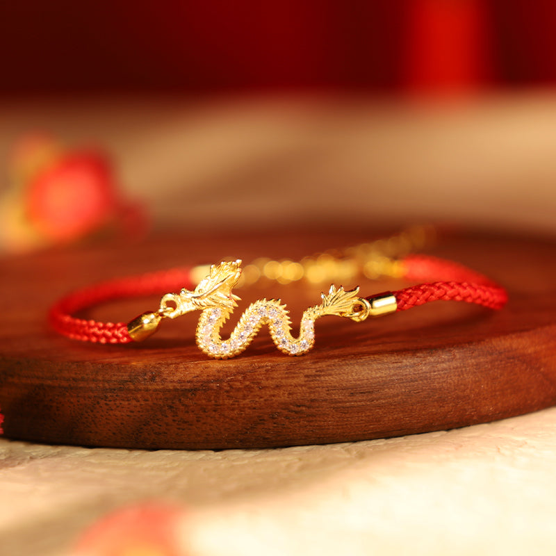 Buddha Stones925スターリングシルバー 龍年 縁起の良い金龍 幸運の赤いロープチェーンブレスレット - ドラゴンレッドロープブレスレット（手首周り14～18cm） - image 0