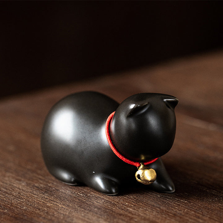 Buddha Stonesミニ 小型 かわいい 猫 ティーペット 陶器 ホームデスク 置物 装飾 - 座っている猫 5*3*3cm - 黒 - image 21