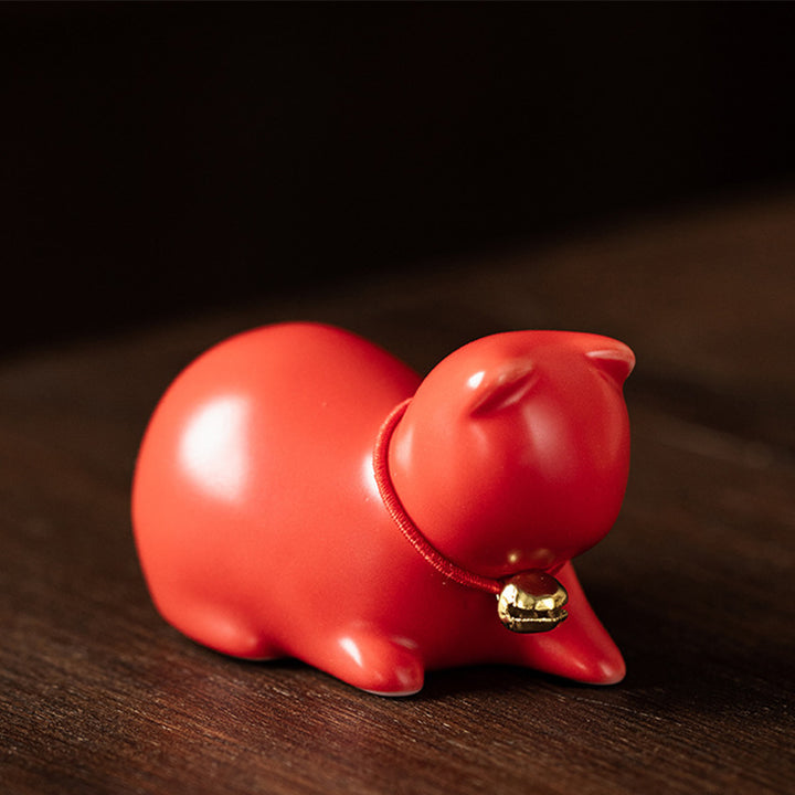 Buddha Stonesミニ 小型 かわいい 猫 ティーペット 陶器 ホームデスク 置物 装飾 - 座っている猫 5*3*3cm - 赤 - image 24