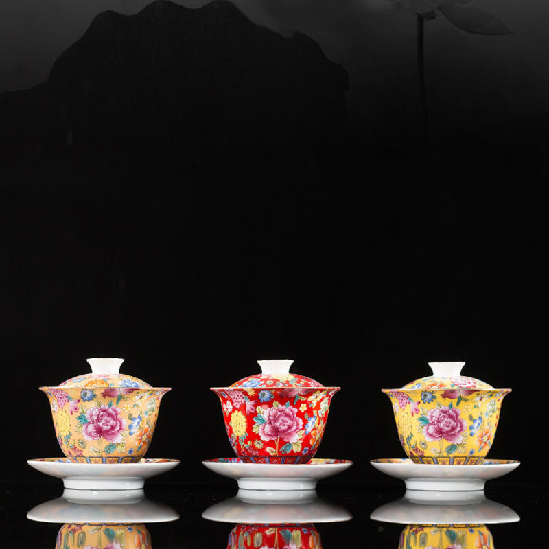 Buddha Stones牡丹の花の陶器蓋碗三彩ティーカップカンフーティーカップとソーサー蓋付き