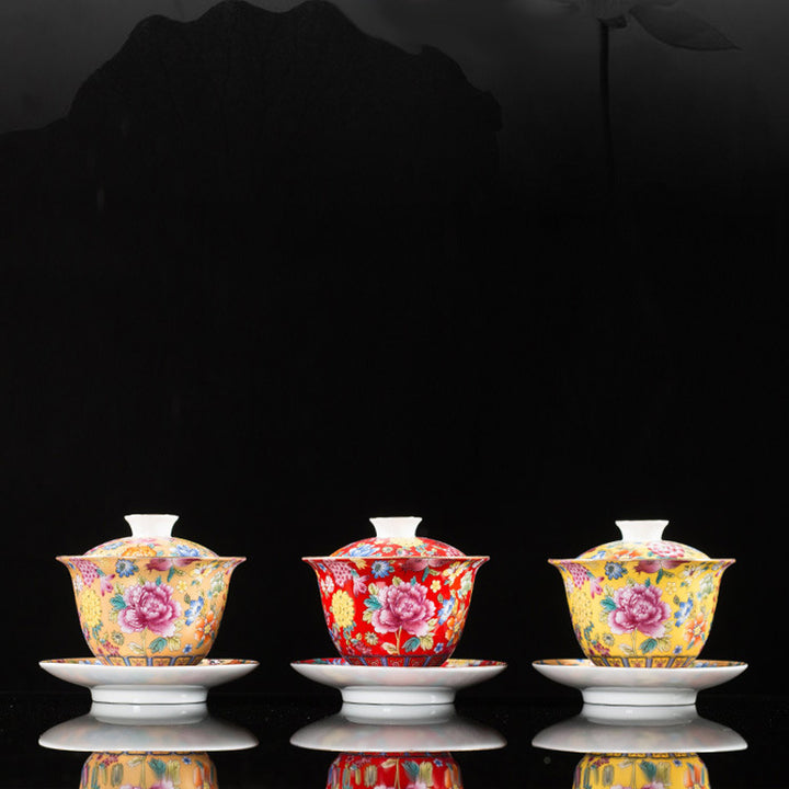Buddha Stones牡丹の花の陶器蓋碗三彩ティーカップカンフーティーカップとソーサー蓋付き