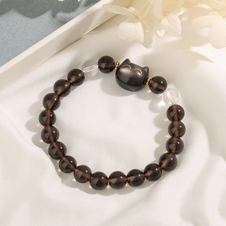 Buddha Stones天然氷オブシディアン シルバーシーンオブシディアン かわいい猫の幸運を呼ぶブレスレット - image 3
