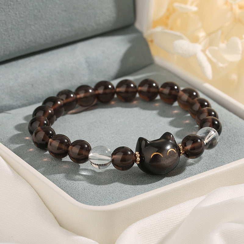 Buddha Stones天然氷オブシディアン シルバーシーンオブシディアン かわいい猫の幸運を呼ぶブレスレット - 14～16cm - image 1