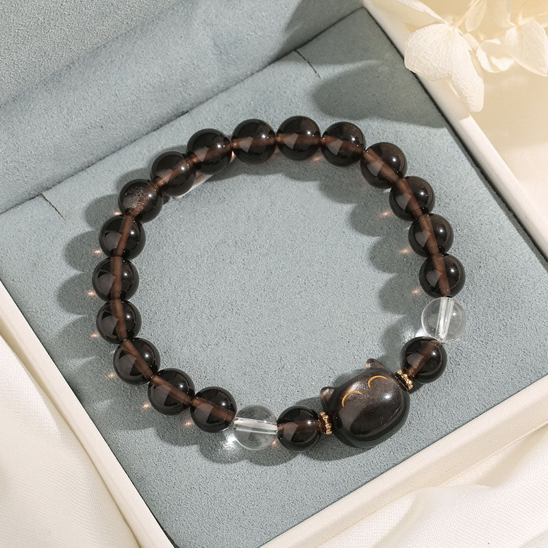 Buddha Stones天然氷オブシディアン シルバーシーンオブシディアン かわいい猫の幸運を呼ぶブレスレット - image 2