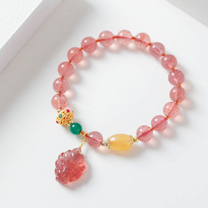Buddha Stones天然ストロベリークォーツ 九尾狐 ヒーリングブレスレット