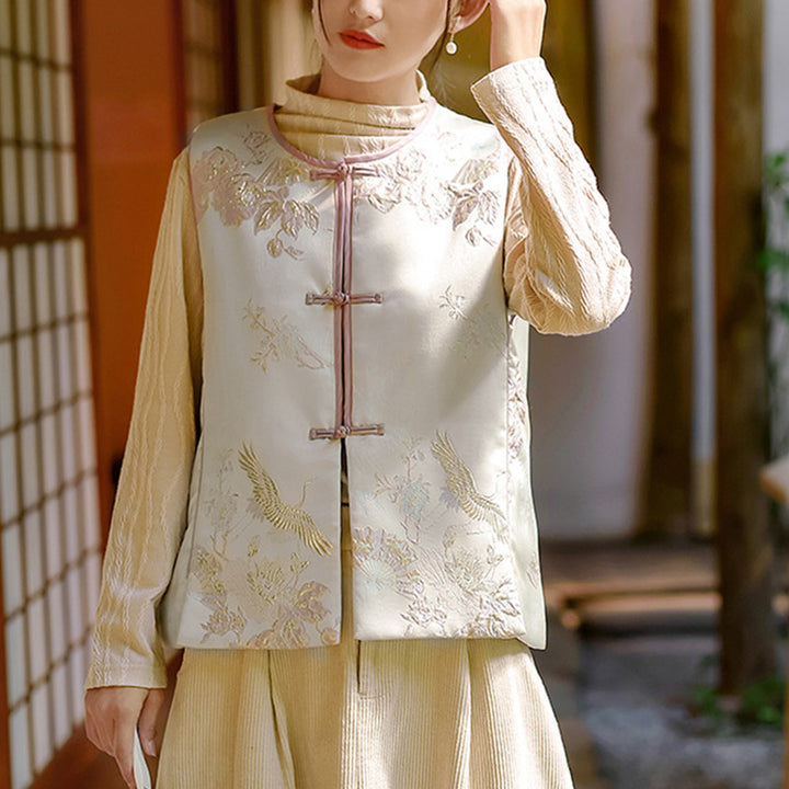 Buddha Stones、鶴、花、草の刺繍の服、中国のベスト、女性の服