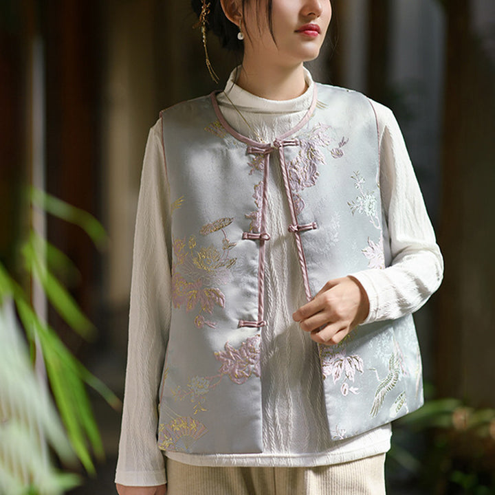 Buddha Stones、鶴、花、草の刺繍の服、中国のベスト、女性の服