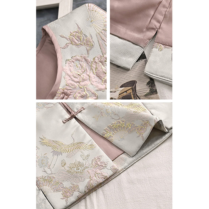 Buddha Stones、鶴、花、草の刺繍の服、中国のベスト、女性の服