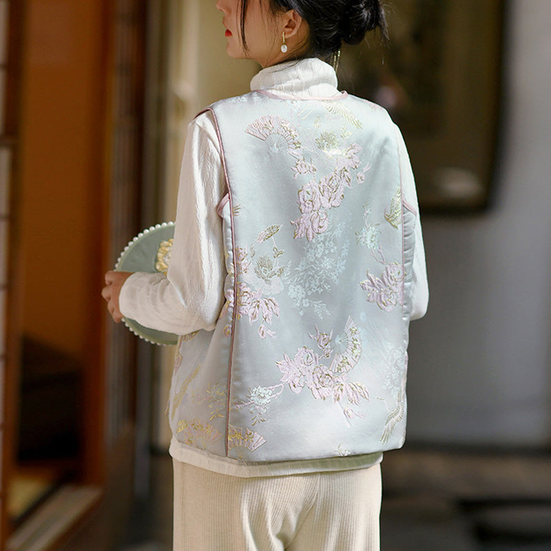 Buddha Stones、鶴、花、草の刺繍の服、中国のベスト、女性の服
