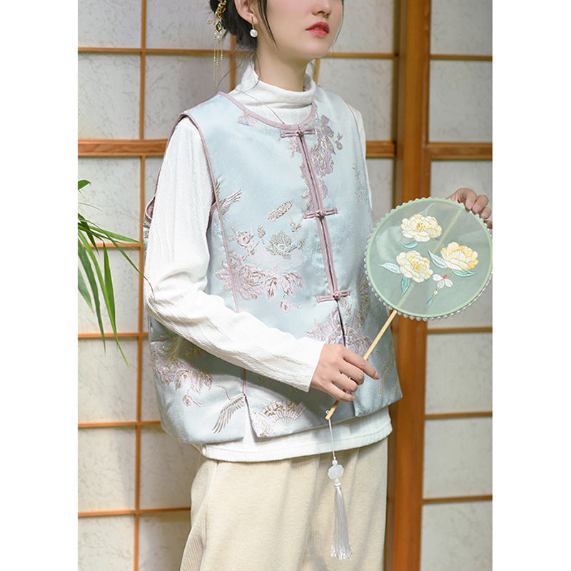 Buddha Stones、鶴、花、草の刺繍の服、中国のベスト、女性の服