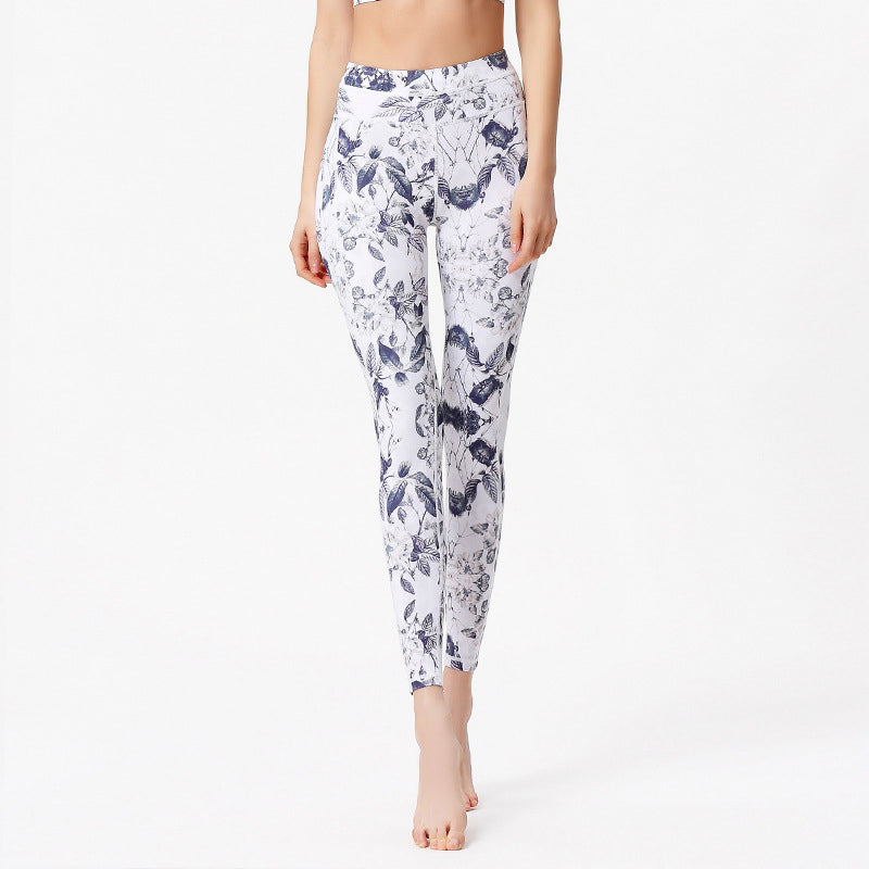 Buddha Stonesの花と葉のプリントパンツ スポーツフィットネス ヨガレギンス レディース ヨガパンツ - ホワイトブルー - US8-10、 UK/AU12-14、 EU40-42 (XL) - image 5
