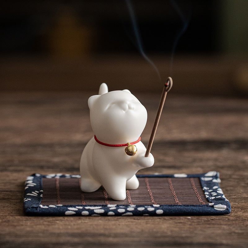Buddha Stonesミニ招き猫子猫ティーペット陶器ホームデスク置物装飾竹マット付き - image 3