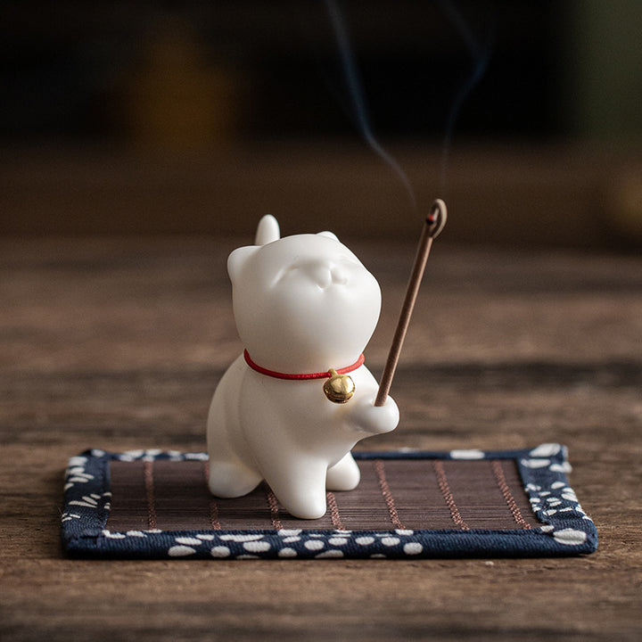 Buddha Stonesミニ招き猫子猫ティーペット陶器ホームデスク置物装飾竹マット付き - image 3