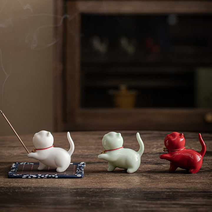 Buddha Stonesミニ招き猫子猫ティーペット陶器ホームデスク置物装飾竹マット付き - image 18