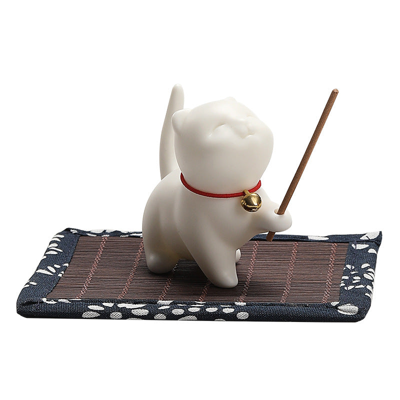 Buddha Stonesミニ招き猫子猫ティーペット陶器ホームデスク置物装飾竹マット付き - image 11