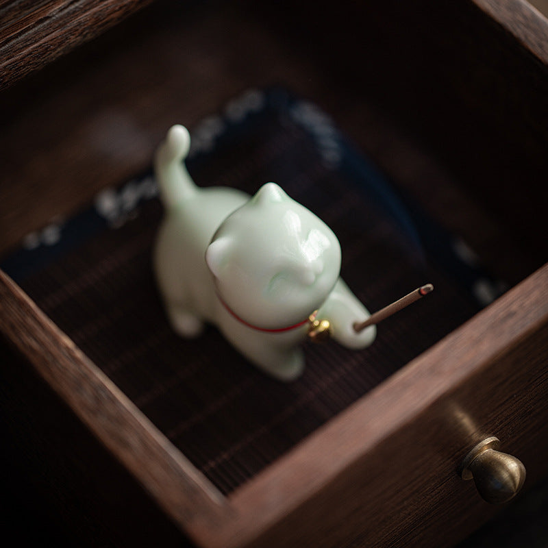 Buddha Stonesミニ招き猫子猫ティーペット陶器ホームデスク置物装飾竹マット付き - image 14