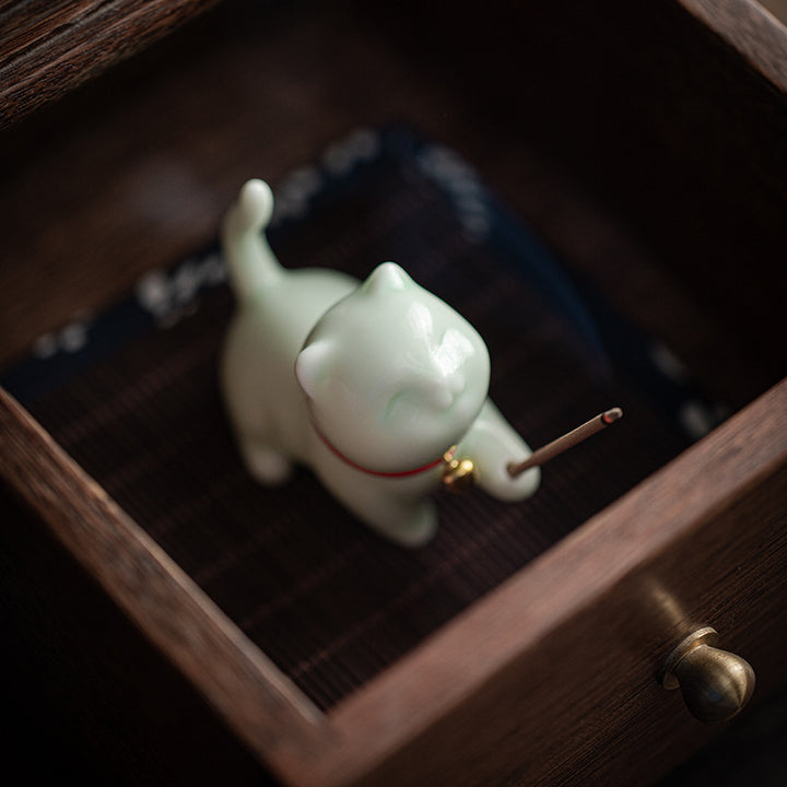 Buddha Stonesミニ招き猫子猫ティーペット陶器ホームデスク置物装飾竹マット付き - image 14