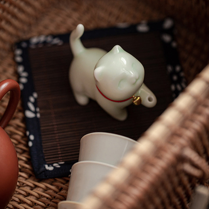 Buddha Stonesミニ招き猫子猫ティーペット陶器ホームデスク置物装飾竹マット付き - image 16