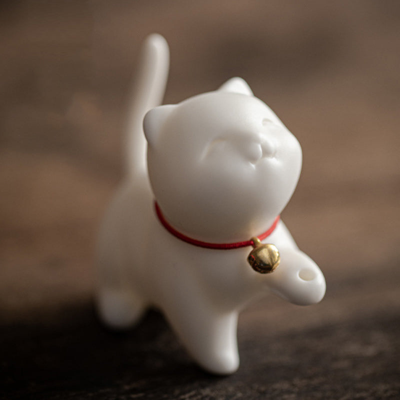 Buddha Stonesミニ招き猫子猫ティーペット陶器ホームデスク置物装飾竹マット付き - image 7