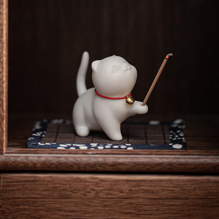 Buddha Stonesミニ招き猫子猫ティーペット陶器ホームデスク置物装飾竹マット付き - image 6