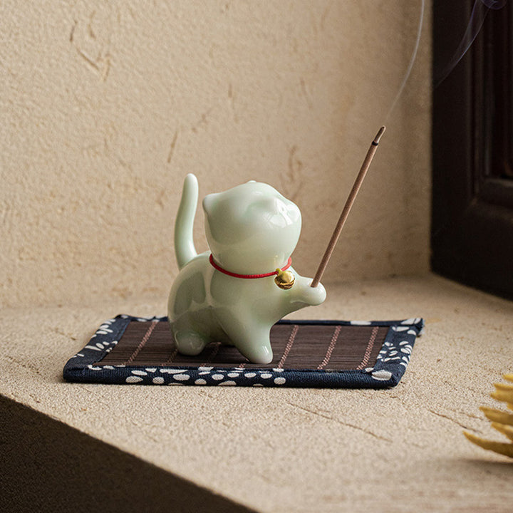 Buddha Stonesミニ招き猫子猫ティーペット陶器ホームデスク置物装飾竹マット付き - image 13