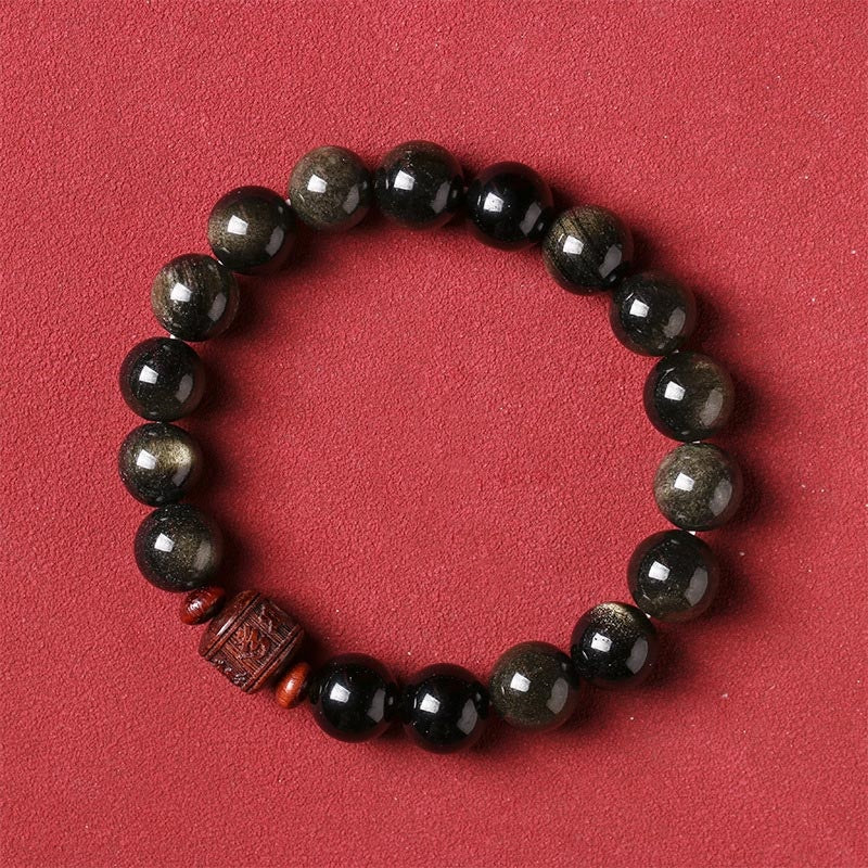 Buddha Stones天然ゴールド光沢オブシディアン レインボーオブシディアンオーム・マニ・パドメ・フムフーキャラクターヒーリングブレスレット