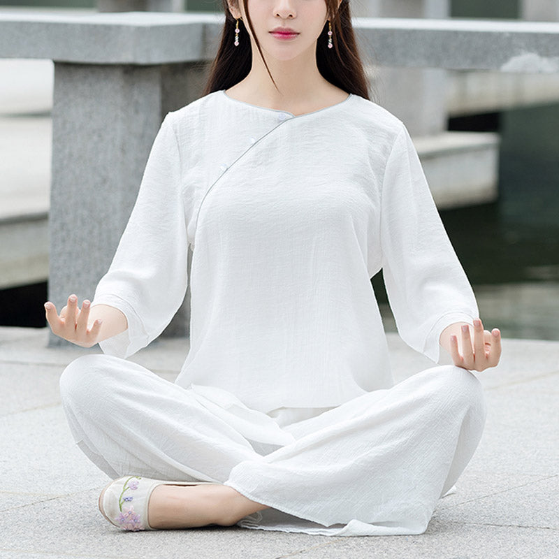 Buddha Stones2点セット シンプルデザイン ホワイトトップパンツ 瞑想 ヨガ 禅 太極拳 コットンリネン 衣類 レディース セット - ホワイト（トップス＆パンツ）- US8-10、 UK/AU12-14、EU40-42（3XL） - image 0