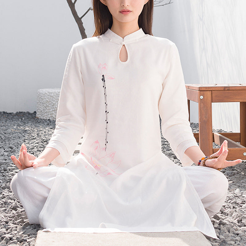 Buddha Stones2個 蓮柄 太極拳 瞑想 ヨガ コットン リネン 衣類 トップス パンツ レディース セット - ホワイト（トップス＆パンツ） - US12、 UK/AU16、 EU44 (2XL)  - image 0