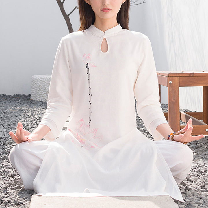 Buddha Stones2個 蓮柄 太極拳 瞑想 ヨガ コットン リネン 衣類 トップス パンツ レディース セット - ホワイト（トップス＆パンツ） - US12、 UK/AU16、 EU44 (2XL)  - image 0