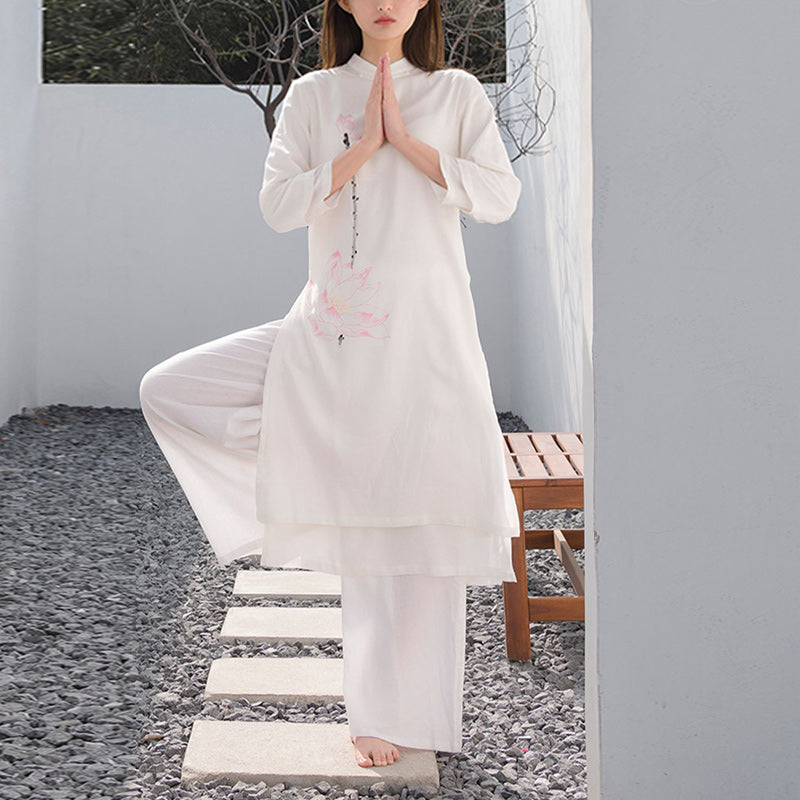 Buddha Stones2個 蓮柄 太極拳 瞑想 ヨガ コットン リネン 衣類 トップス パンツ レディース セット - image 1