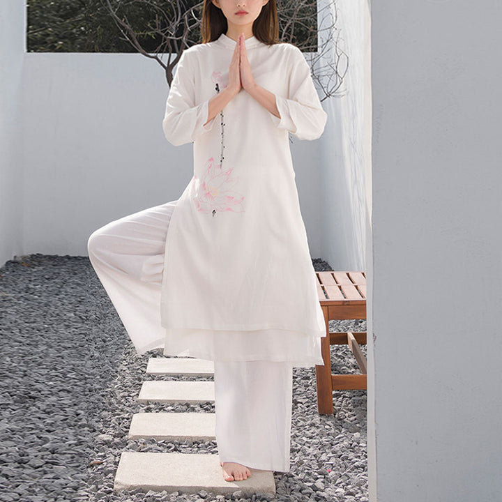 Buddha Stones2個 蓮柄 太極拳 瞑想 ヨガ コットン リネン 衣類 トップス パンツ レディース セット - image 1