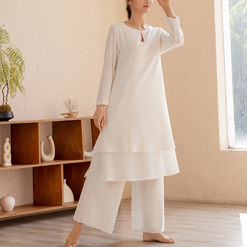 Buddha Stones2点セット シンプルデザイン 太極拳 瞑想 ヨガウェア トップス パンツ レディース セット - ホワイト(トップス&パンツ) - US14、 UK/AU18、 EU46 (2XL)  - image 0